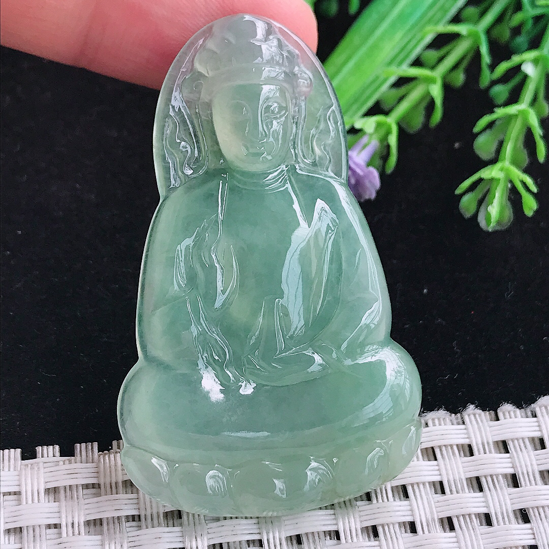 实拍A货翡翠53.6/33/5.5老坑冰种冰晴满绿素衣观音吊坠翡翠玉牌挂件