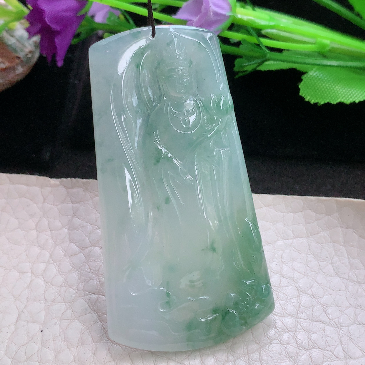 lz实拍63.5*33.8*5.2天然缅甸翡翠a货冰飘花立体观音 玉观音玉吊坠 玉挂件