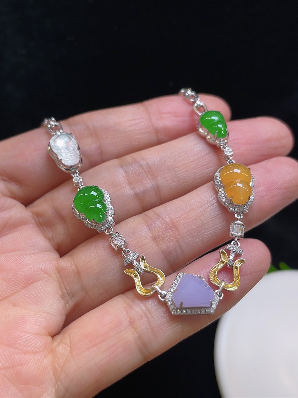 ️【高冰多彩，手链】大件饱满，通透水润，玉质细腻，翠色鲜艳，18k金奢华钻石镶嵌️，9.2-6.