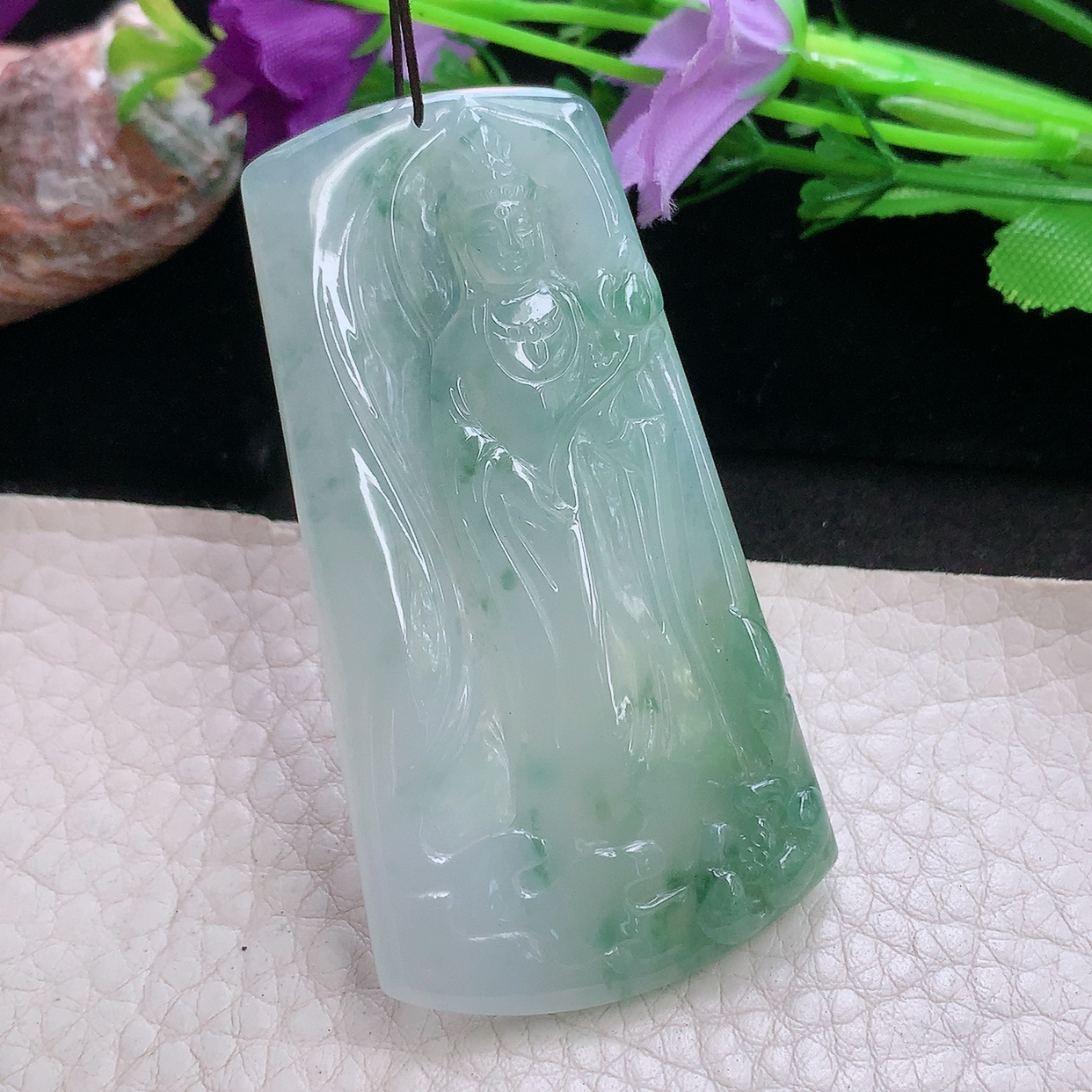 lz实拍63.5*33.8*5.2天然缅甸翡翠a货冰飘花立体观音 玉观音玉吊坠 玉挂件