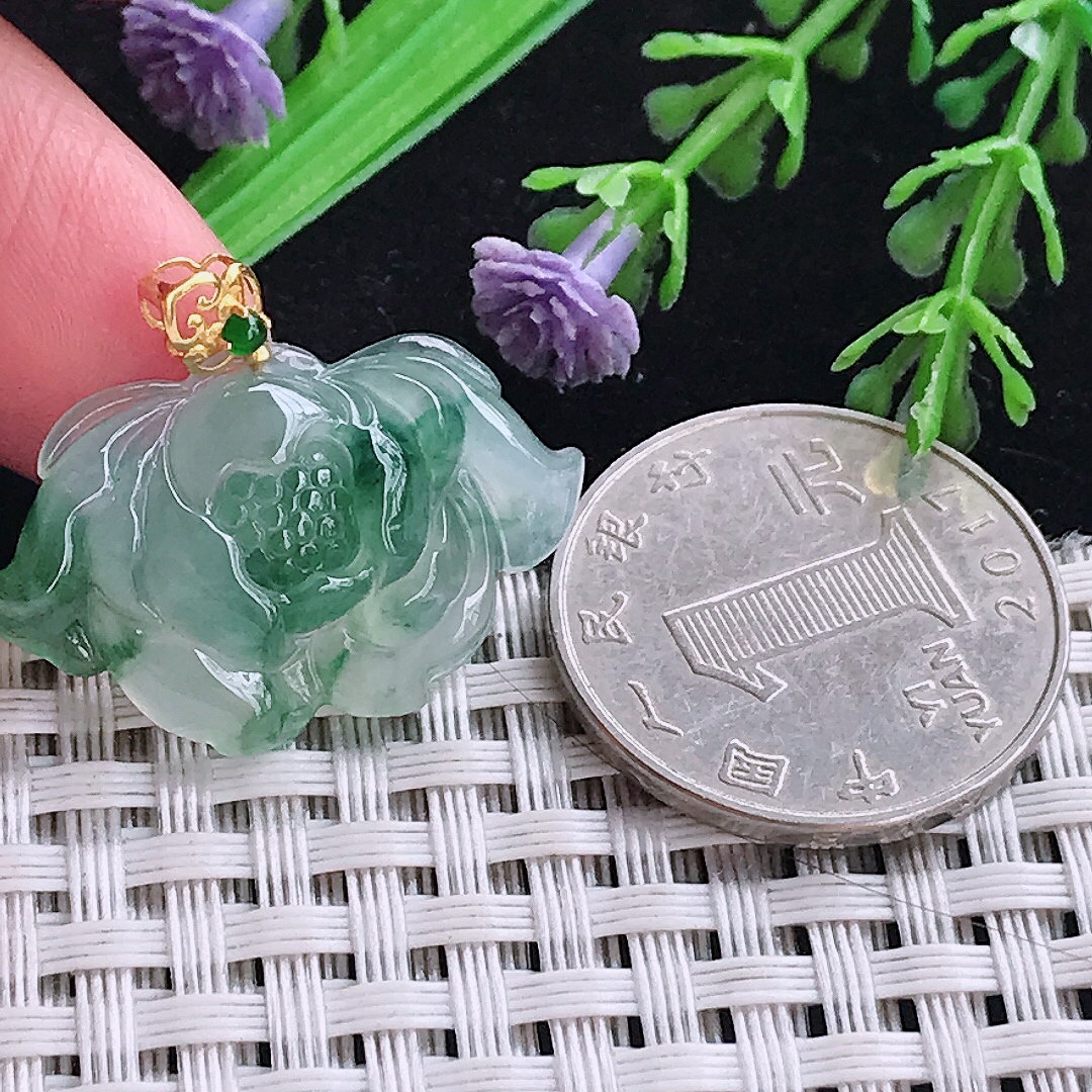 实拍A货翡翠18.6/29.8/5老坑18k金镶嵌冰飘花莲花冰胶吊坠翡翠玉挂件
