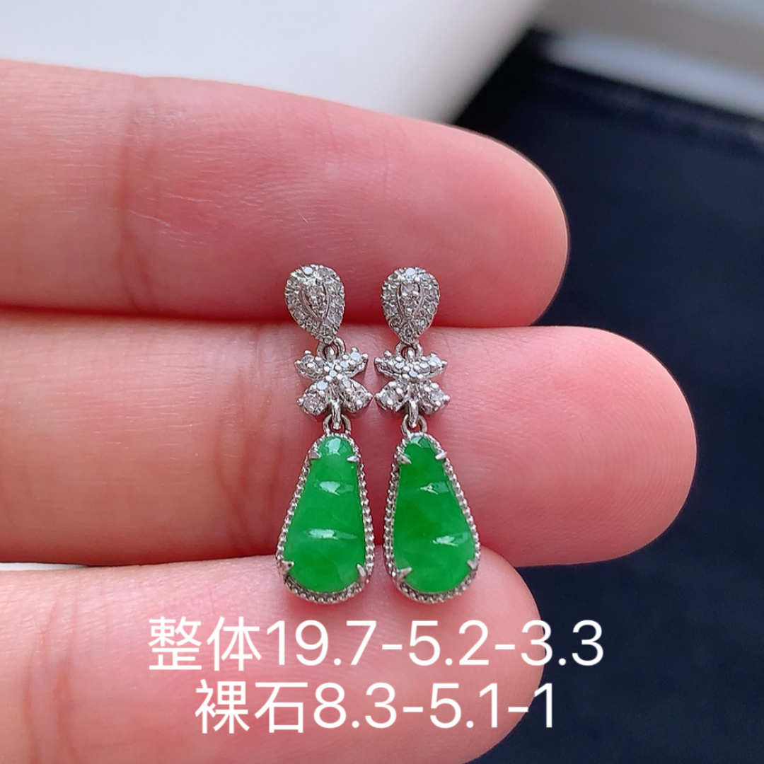 冰阳绿福豆耳坠 翠色明媚，饱满底子细腻，佩戴优雅大气 货号115527，19.7-5.2-3.3