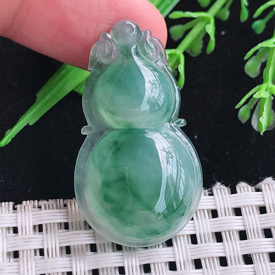 实拍A货翡翠36.6/21/6.2老坑冰透冰飘花葫芦吊坠翡翠玉牌挂件