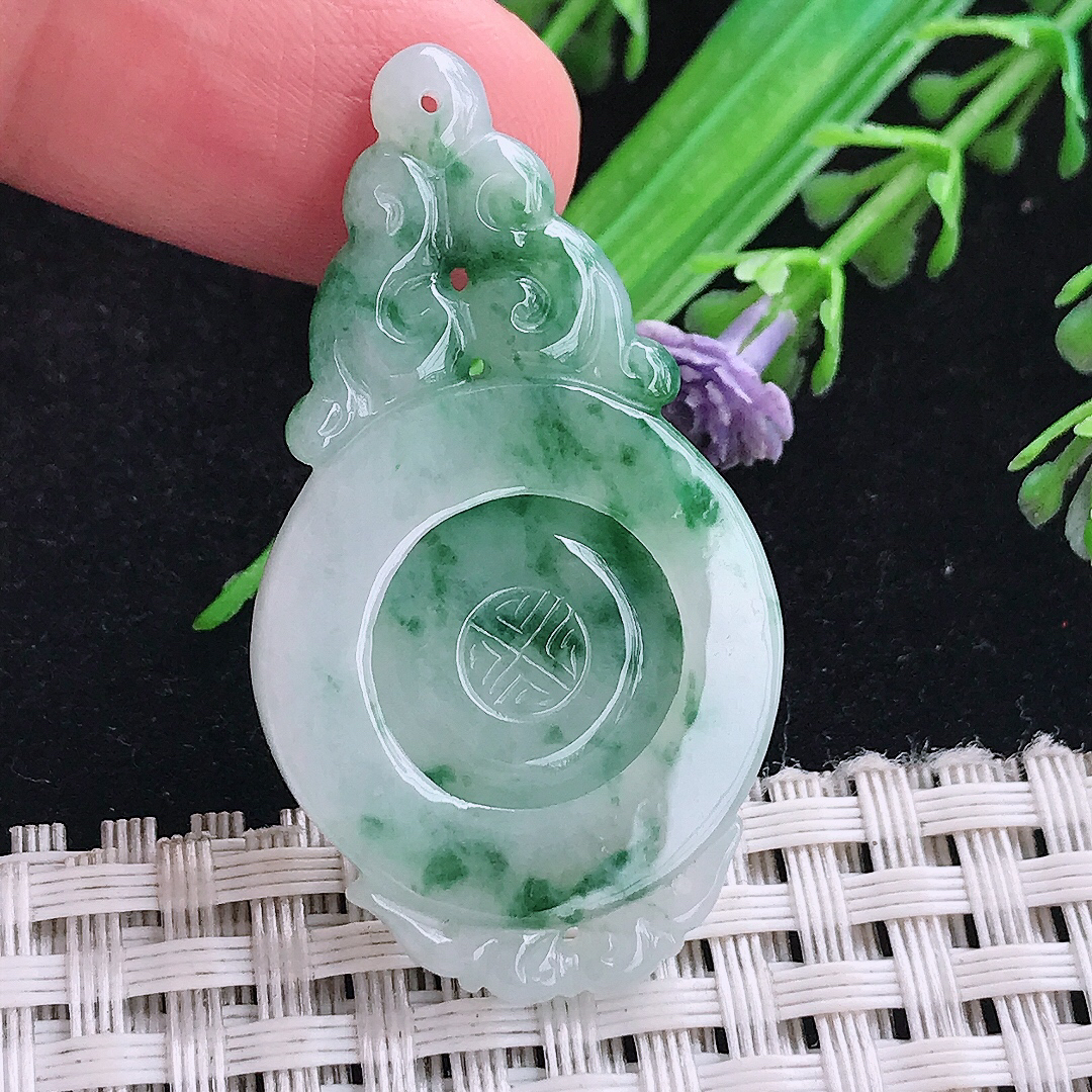 实拍A货翡翠43/24/3.6老坑冰润飘花仿古福牌吊坠翡翠玉牌挂件