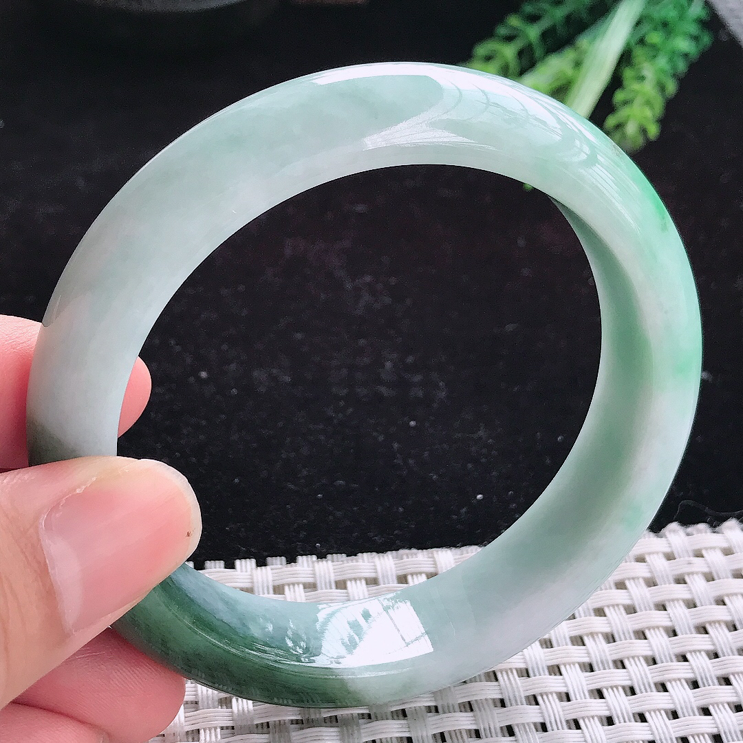 实拍A货翡翠60/14.7/8.8老坑特色飘花光彩半山半水手镯玉手镯女款平安镯