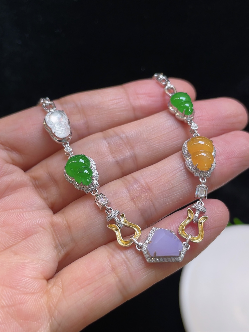 ️【高冰多彩，手链】大件饱满，通透水润，玉质细腻，翠色鲜艳，18k金奢华钻石镶嵌️，9.2-6.7-3.1