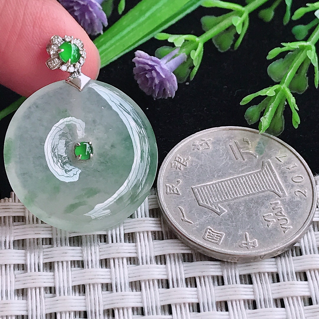 实拍A货翡翠23.7/4.6老坑18k金镶嵌冰种冰飘花平安扣吊坠翡翠玉扣挂件