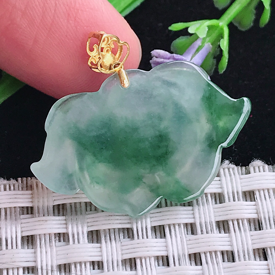 实拍A货翡翠18.6/29.8/5老坑18k金镶嵌冰飘花莲花冰胶吊坠翡翠玉挂件