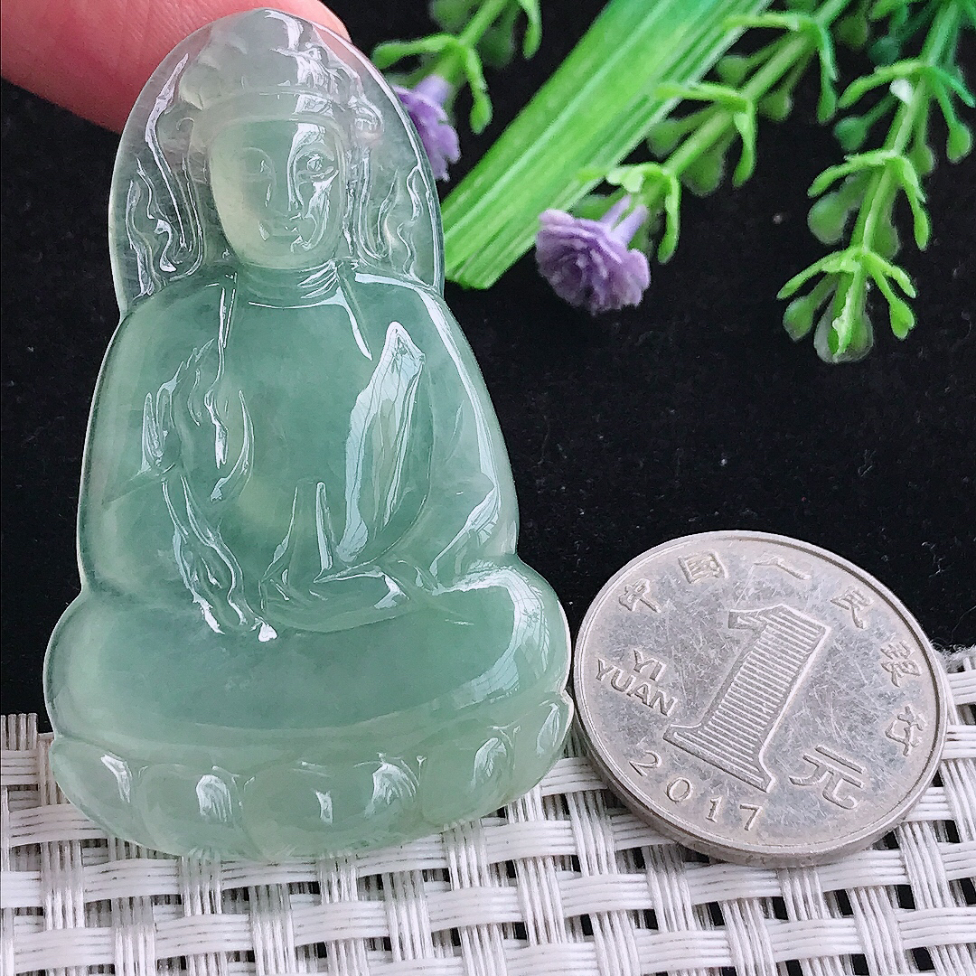 实拍A货翡翠53.6/33/5.5老坑冰种冰晴满绿素衣观音吊坠翡翠玉牌挂件