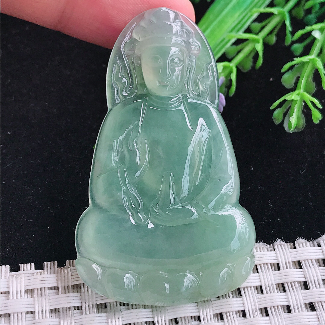 实拍A货翡翠53.6/33/5.5老坑冰种冰晴满绿素衣观音吊坠翡翠玉牌挂件