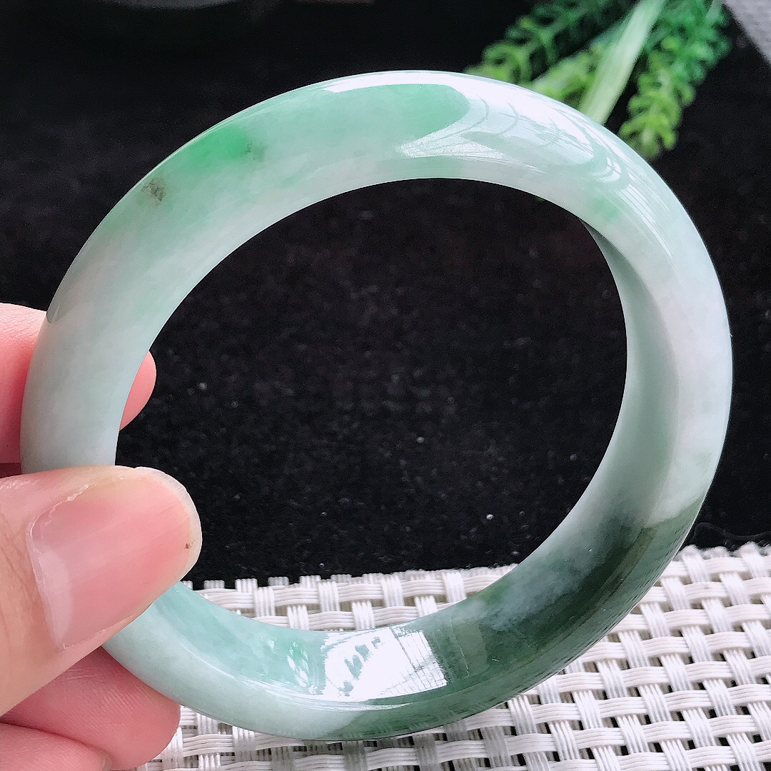 实拍A货翡翠60/14.7/8.8老坑特色飘花光彩半山半水手镯玉手镯女款平安镯