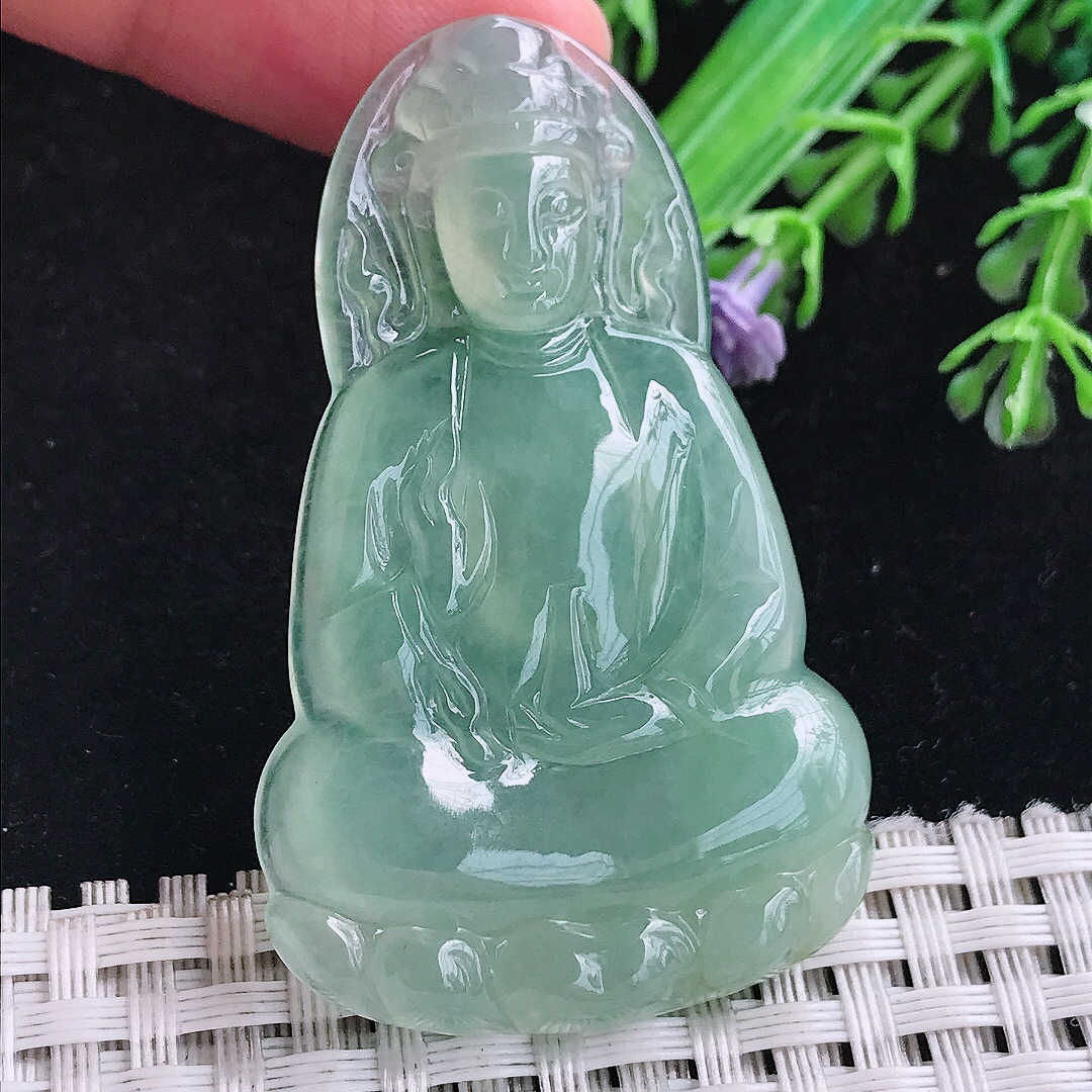 实拍A货翡翠53.6/33/5.5老坑冰种冰晴满绿素衣观音吊坠翡翠玉牌挂件