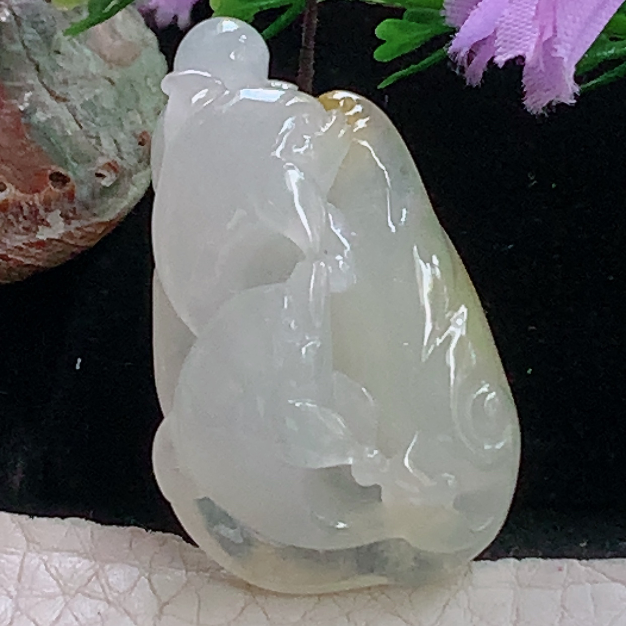 hx实拍35.3*21.8*11.2天然缅甸翡翠a货冰黄莲年有余玉吊坠 玉挂件