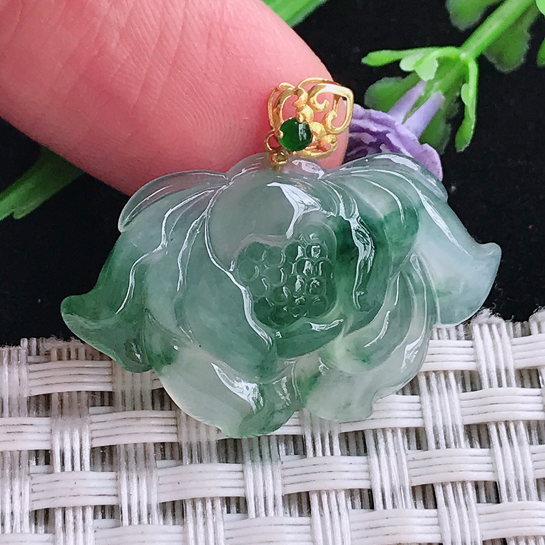 实拍A货翡翠18.6/29.8/5老坑18k金镶嵌冰飘花莲花冰胶吊坠翡翠玉挂件