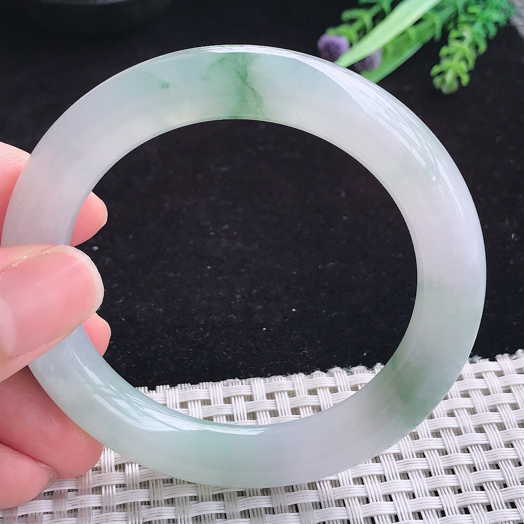 实拍A货翡翠55.8/10.8/10.5老坑冰胶冰飘花胖圆条手镯玉手镯女款平安镯