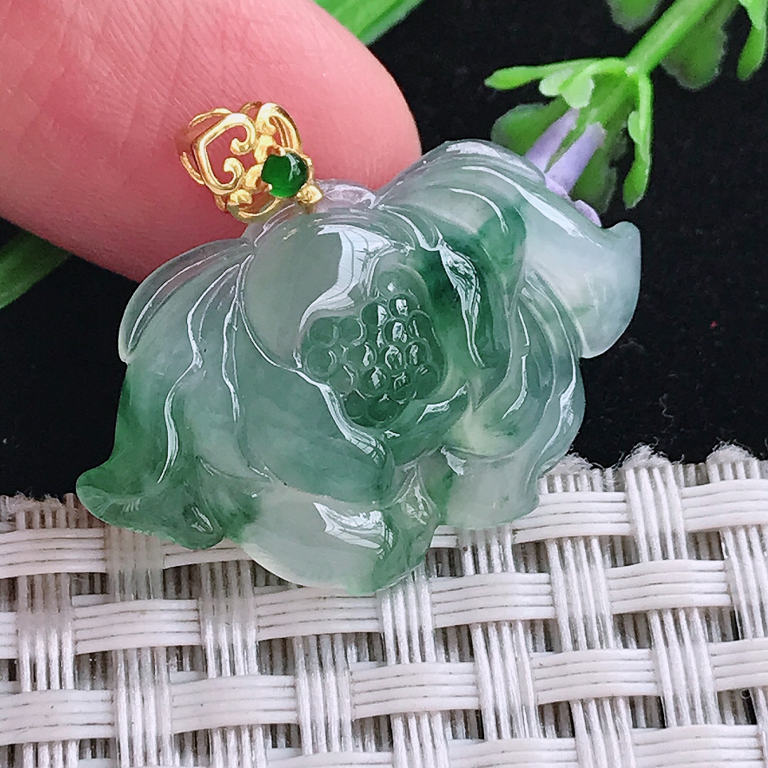 实拍A货翡翠18.6/29.8/5老坑18k金镶嵌冰飘花莲花冰胶吊坠翡翠玉挂件