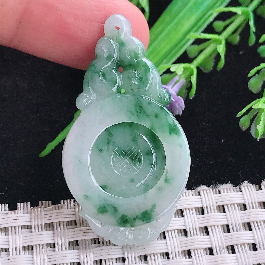 实拍A货翡翠43/24/3.6老坑冰润飘花仿古福牌吊坠翡翠玉牌挂件