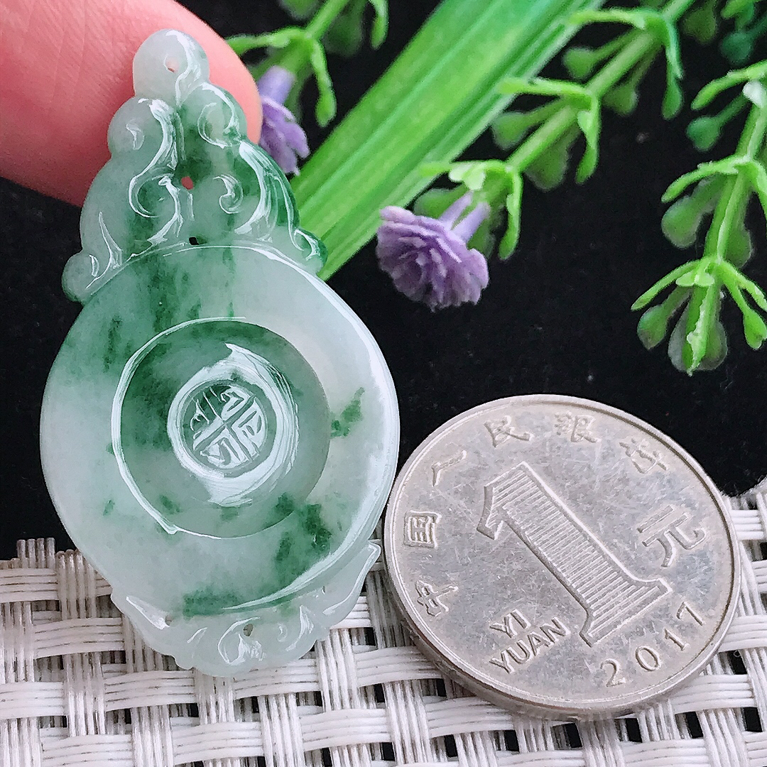 实拍A货翡翠43/24/3.6老坑冰润飘花仿古福牌吊坠翡翠玉牌挂件