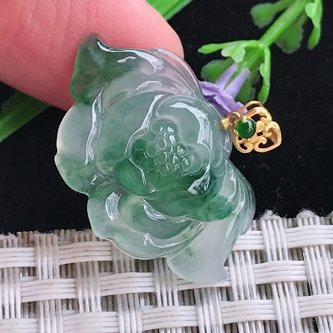 实拍A货翡翠18.6/29.8/5老坑18k金镶嵌冰飘花莲花冰胶吊坠翡翠玉挂件