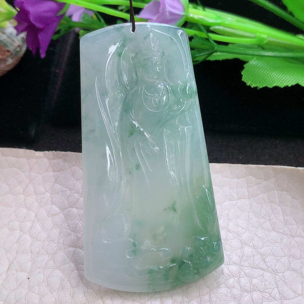lz实拍63.5*33.8*5.2天然缅甸翡翠a货冰飘花立体观音 玉观音玉吊坠 玉挂件