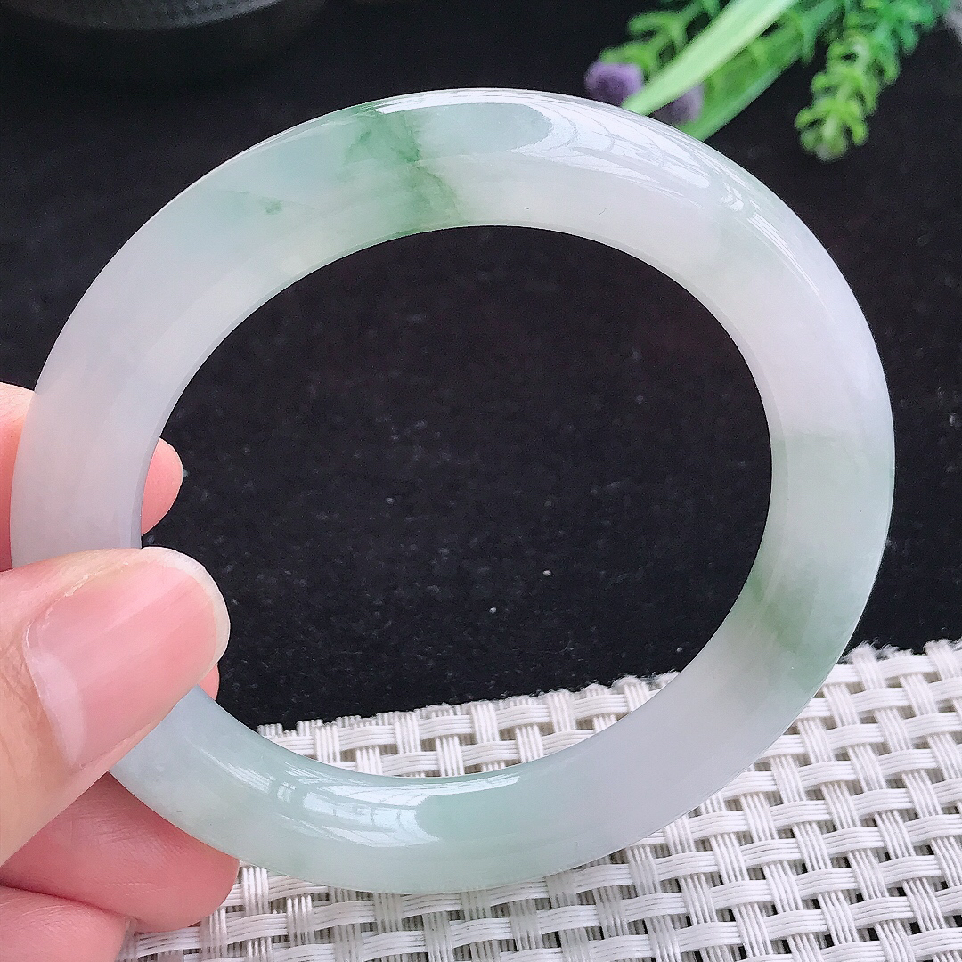 实拍A货翡翠55.8/10.8/10.5老坑冰胶冰飘花胖圆条手镯玉手镯女款平安镯
