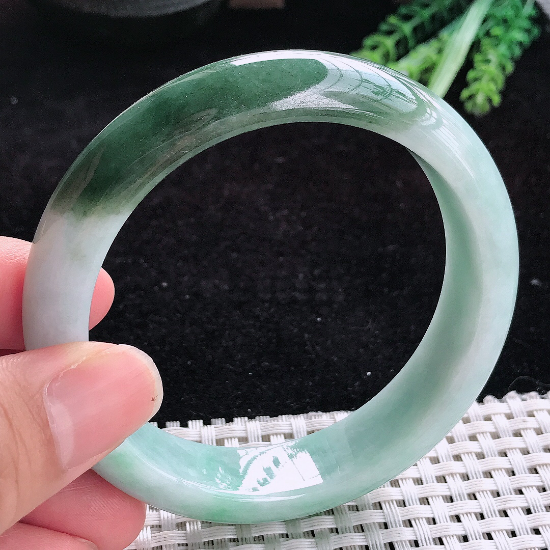 实拍A货翡翠60/14.7/8.8老坑特色飘花光彩半山半水手镯玉手镯女款平安镯
