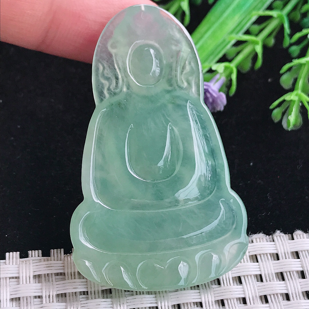 实拍A货翡翠53.6/33/5.5老坑冰种冰晴满绿素衣观音吊坠翡翠玉牌挂件