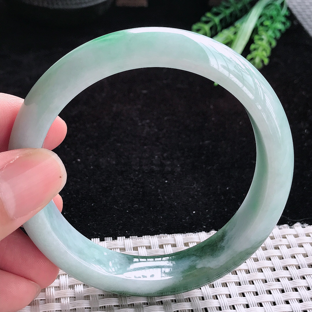 实拍A货翡翠60/14.7/8.8老坑特色飘花光彩半山半水手镯玉手镯女款平安镯