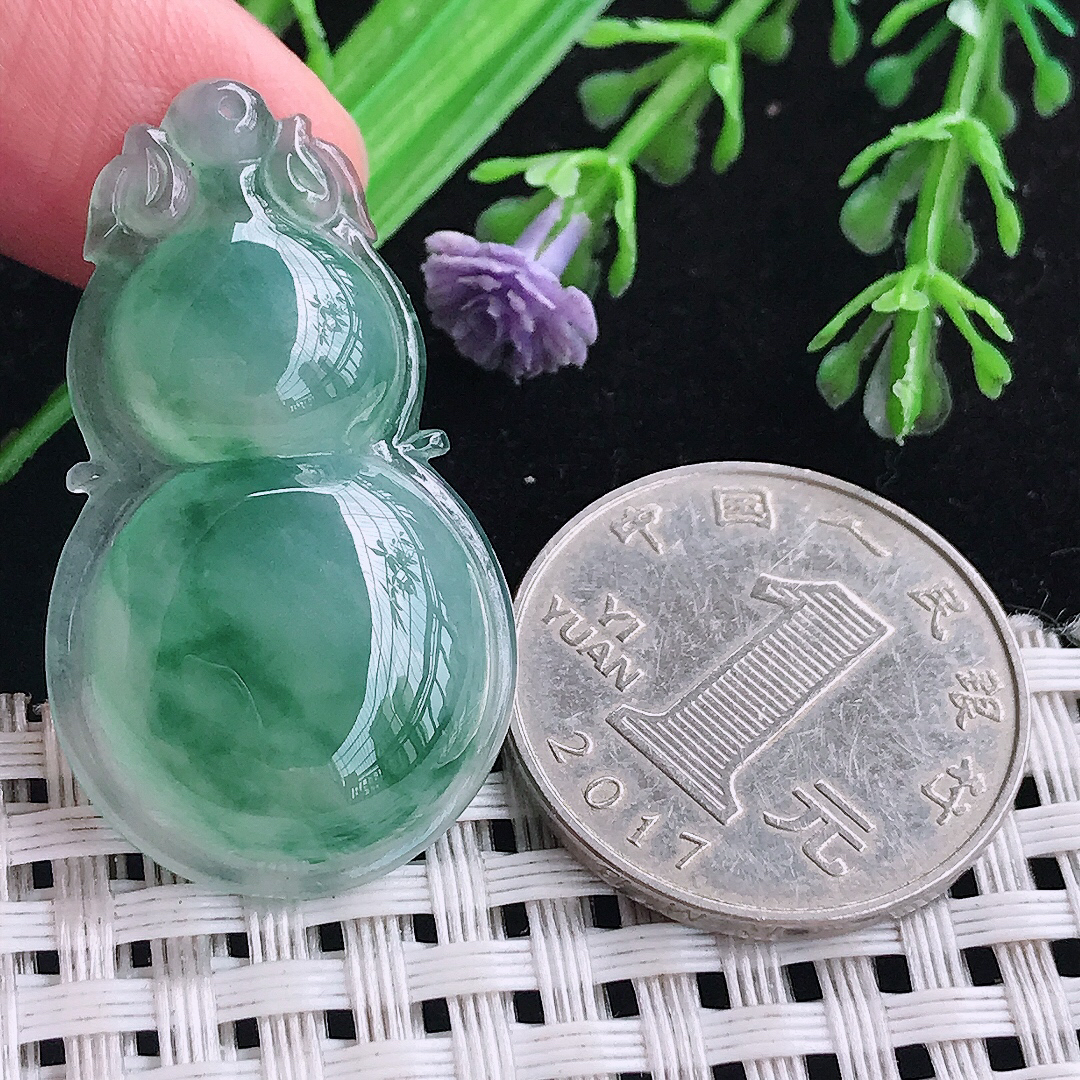 实拍A货翡翠36.6/21/6.2老坑冰透冰飘花葫芦吊坠翡翠玉牌挂件