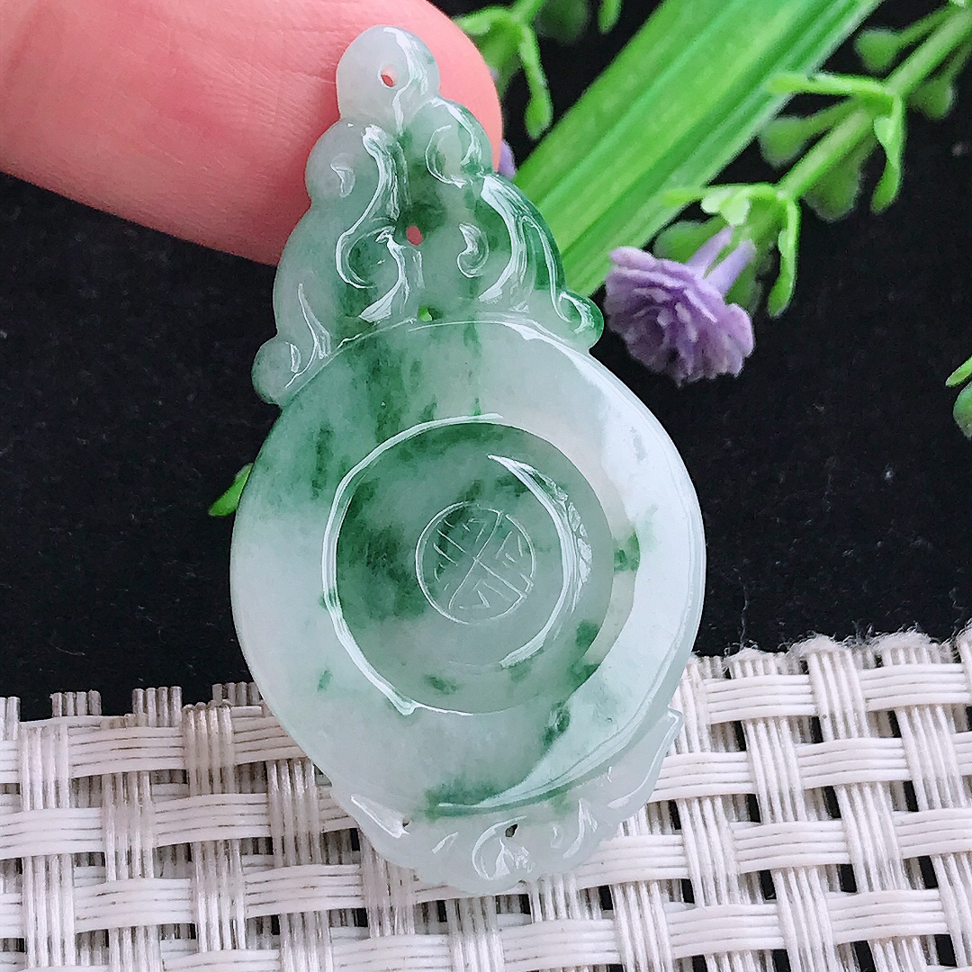 实拍A货翡翠43/24/3.6老坑冰润飘花仿古福牌吊坠翡翠玉牌挂件