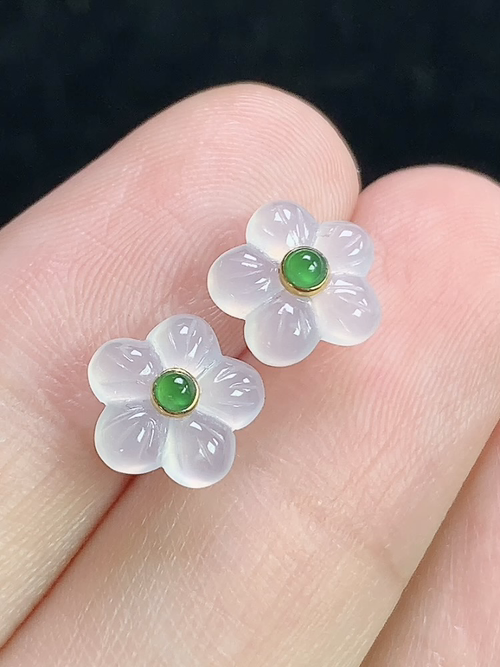 18k金镶冰种花开富贵耳钉，无裂，尺寸8.5-2.2mm，w30sag