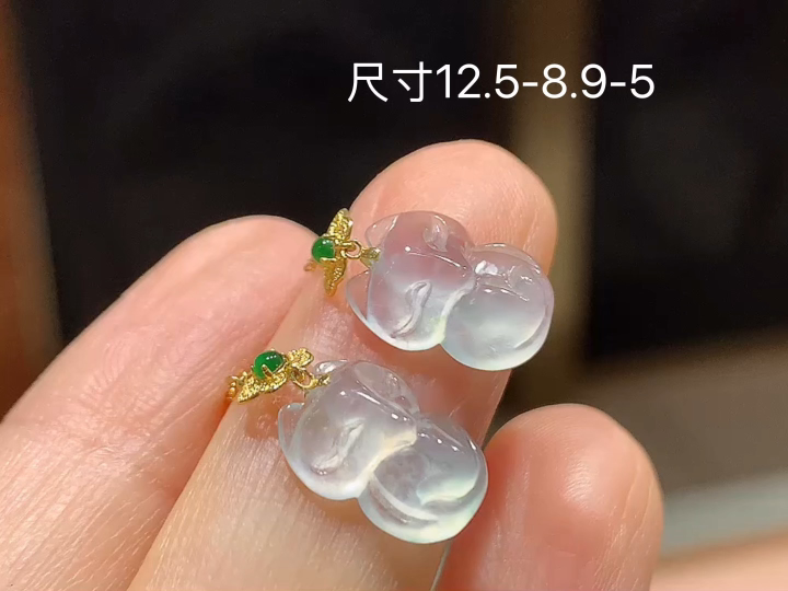 18K 冰种玉面狐耳坠 无裂, 尺寸，12.5-8.9-5