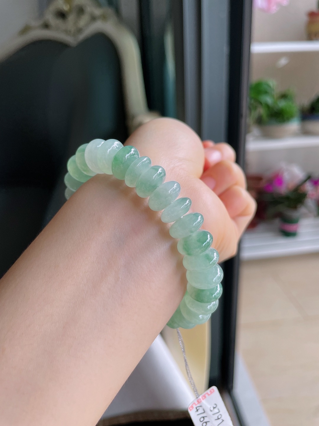 ️，天然翡翠A货，冰飘花算盘珠手串，尺寸：11.8mm。【编3791】