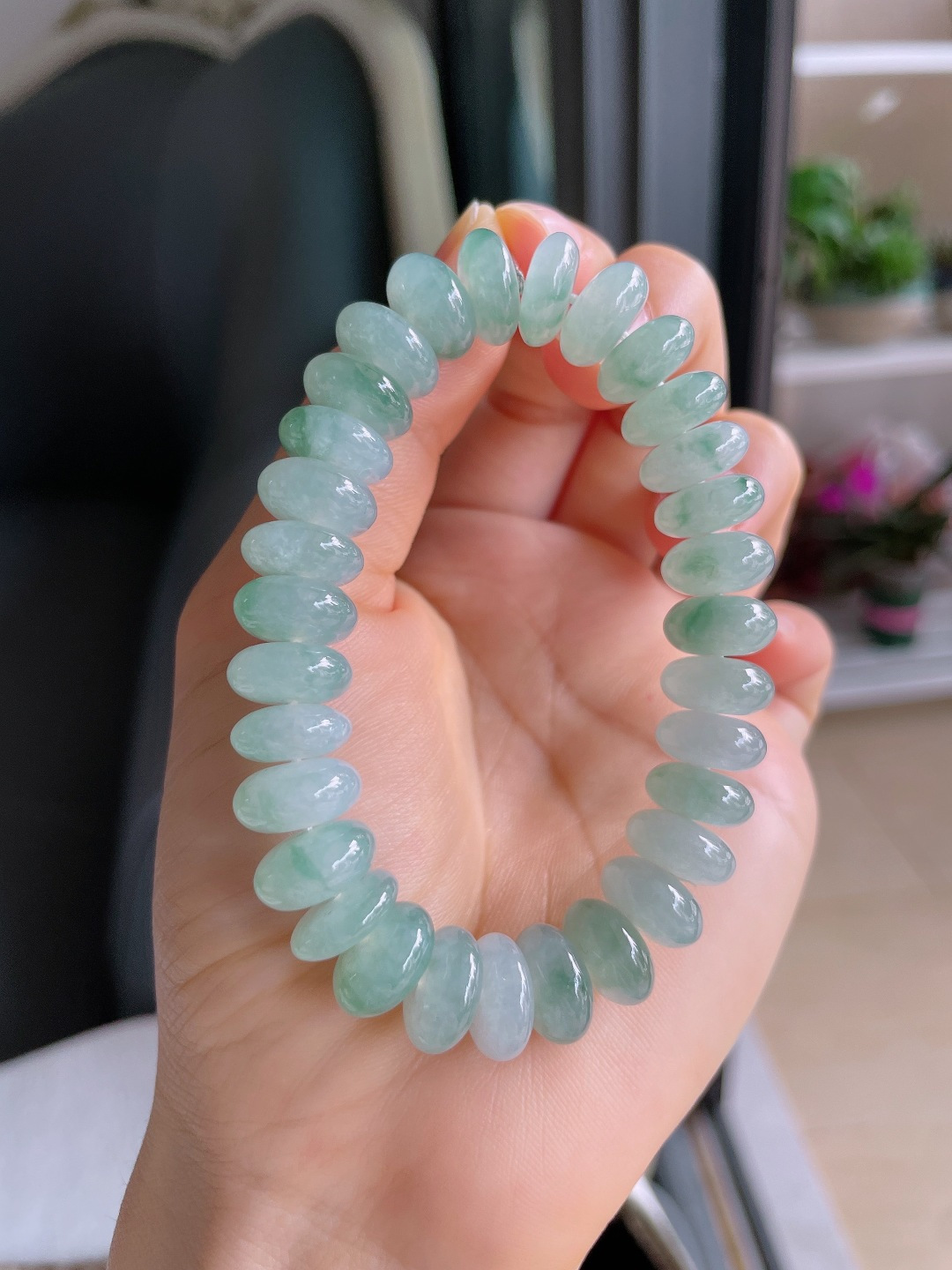 ️，天然翡翠A货，冰飘花算盘珠手串，尺寸：11.8mm。【编3791】