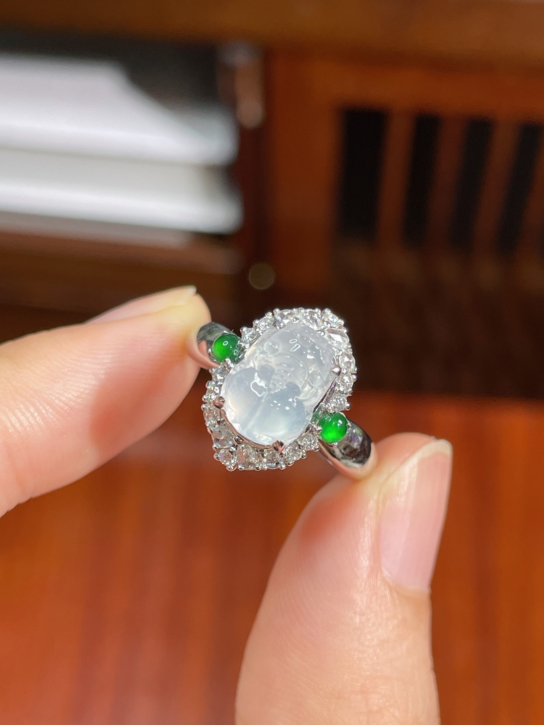 ️貔貅戒指 无裂，18k金镶嵌，14.8-12.6-11.4