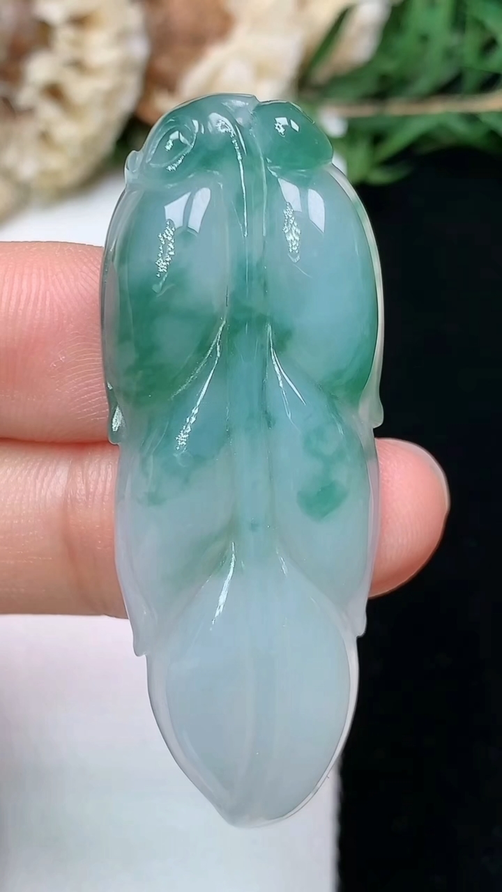 天然A货翡翠飘花金枝玉叶 叶子吊坠，尺寸47-18.4-6.2，重量:9.44g
6月11日
