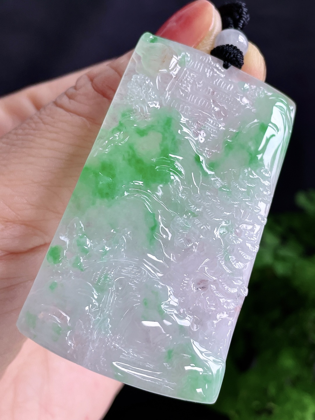 冰飘绿花山水牌大山水牌吊坠 缅料 无裂 性比高 飘花 尺寸59.8-35-5.3 重量28.3克