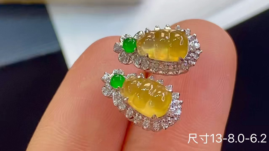 18k金+钻玻璃种福豆耳钉，无裂，13-8.0-6.2