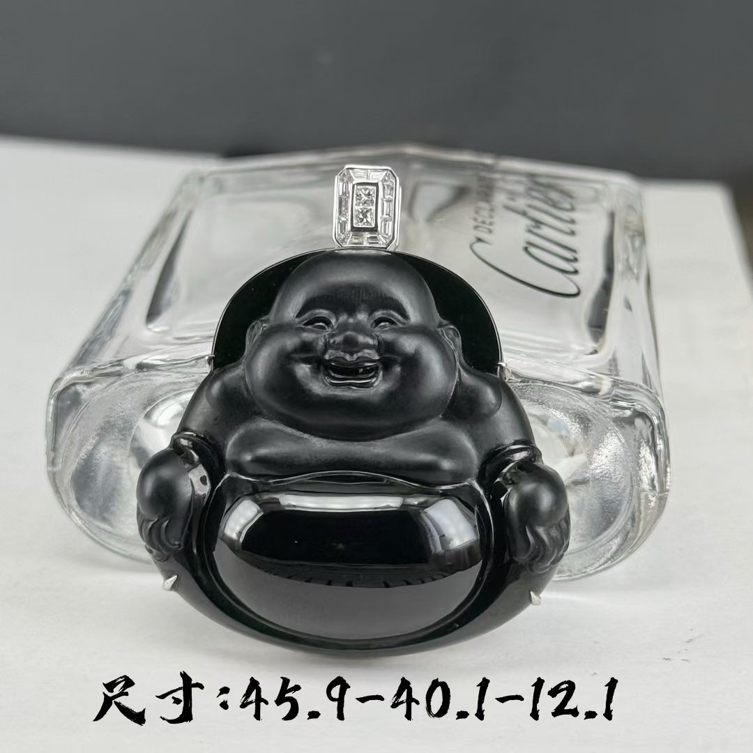 精品18k墨翠大肚佛 种好色正 黑度极好 打灯通透 油性十足  尺寸45.9