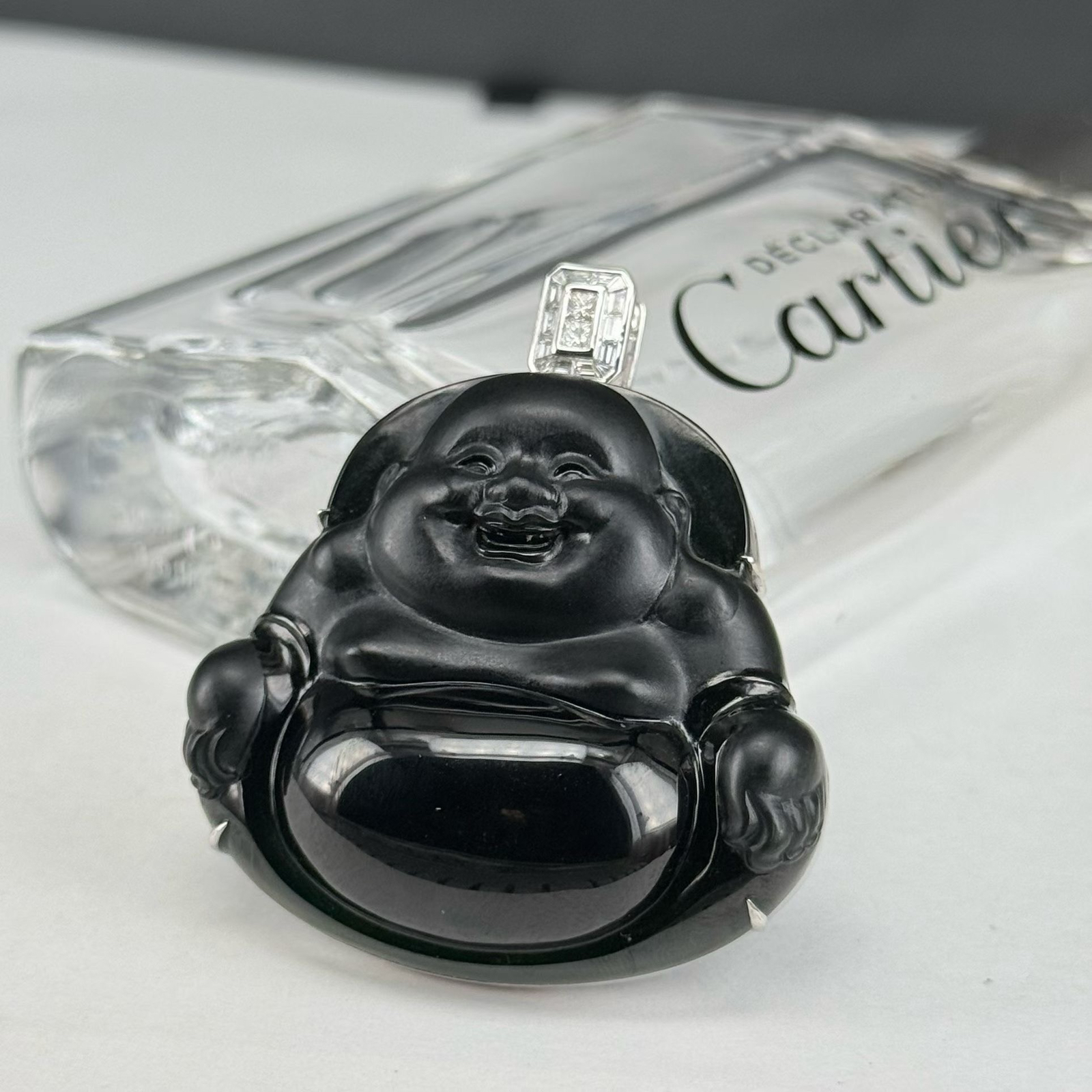精品18k墨翠大肚佛 种好色正 黑度极好 打灯通透 油性十足  尺寸45.9