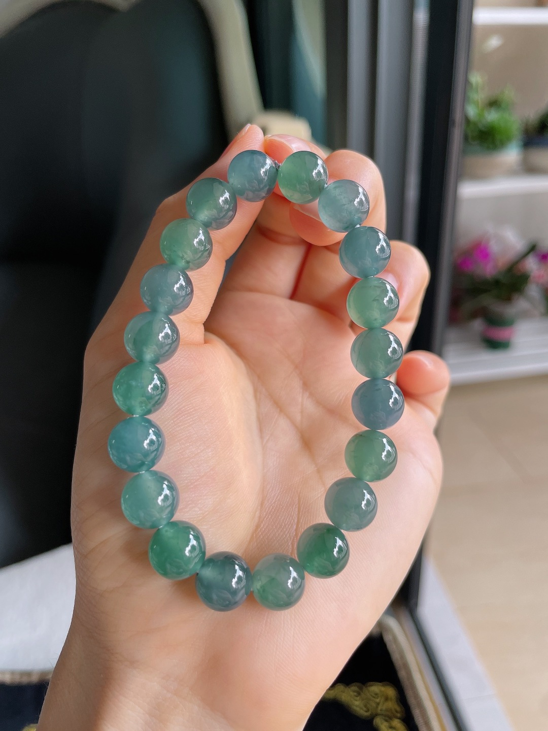 天然翡翠A货，冰多宝手串，尺寸：9.8mm。【编3583】