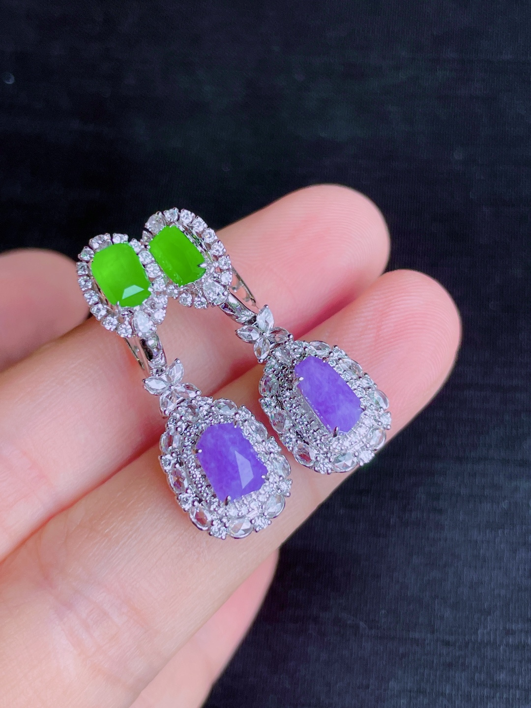 ️冰种绿紫耳坠 晶莹剔透，新颖时尚，无裂，7-5-3