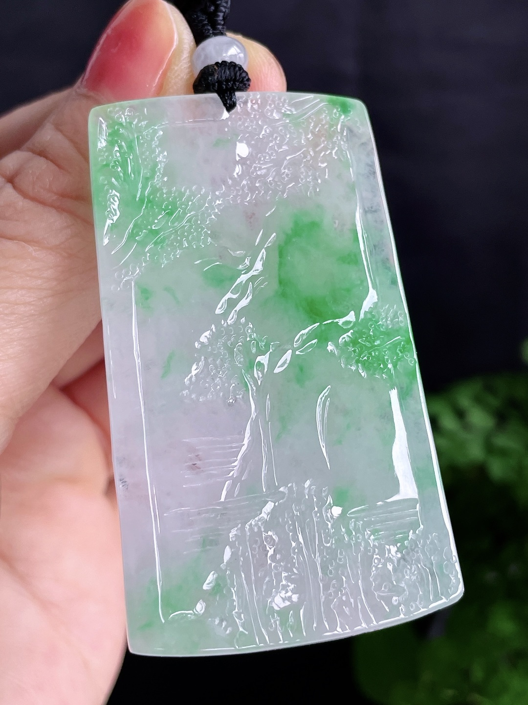 冰飘绿花山水牌大山水牌吊坠 缅料 无裂 性比高 飘花 尺寸59.8-35-5.3 重量28.3克