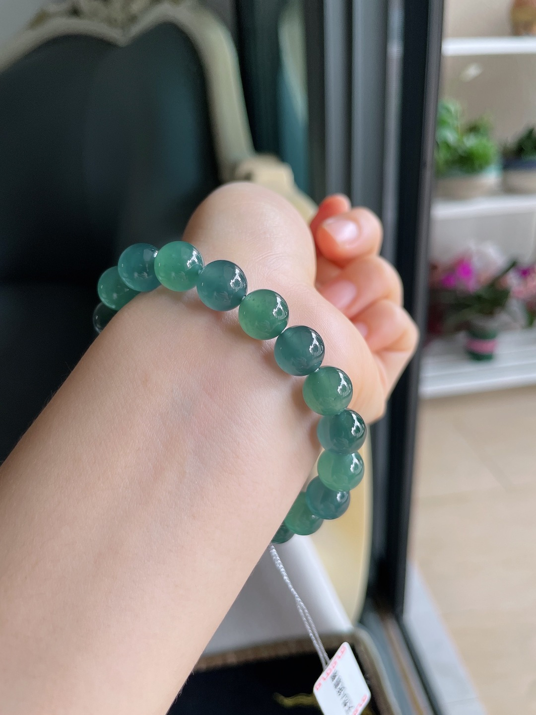 天然翡翠A货，冰蓝水双彩手串，尺寸：9.7mm。【编3584】