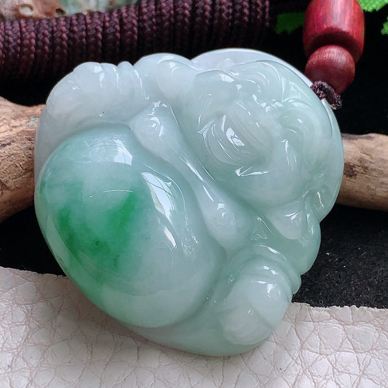 zen实拍40*41*12.5缅甸翡翠a货精雕灵动饱满佛公 弥勒佛玉吊坠 玉挂件