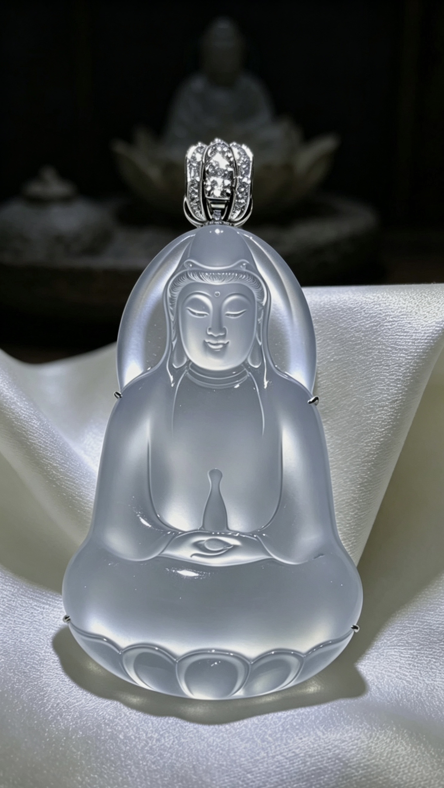 【静心净禅·观自在】观音菩萨，
裸石49.2-30.5-4.2mm，
整体57.5-31-10mm，24.15g，
18K金，南非钻，