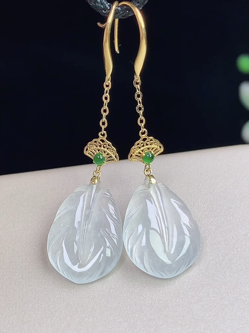 18k金镶冰种树叶耳环，无裂，尺寸14.2-9.7-2.5mm，L01hjg