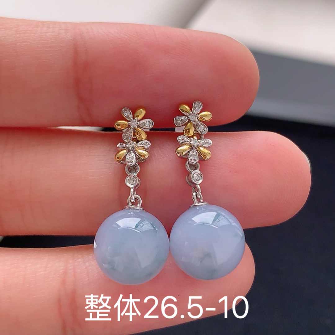 冰紫圆珠耳坠。紫味浓郁，种老水润，佩戴精致优雅 货号28530，26.5-10