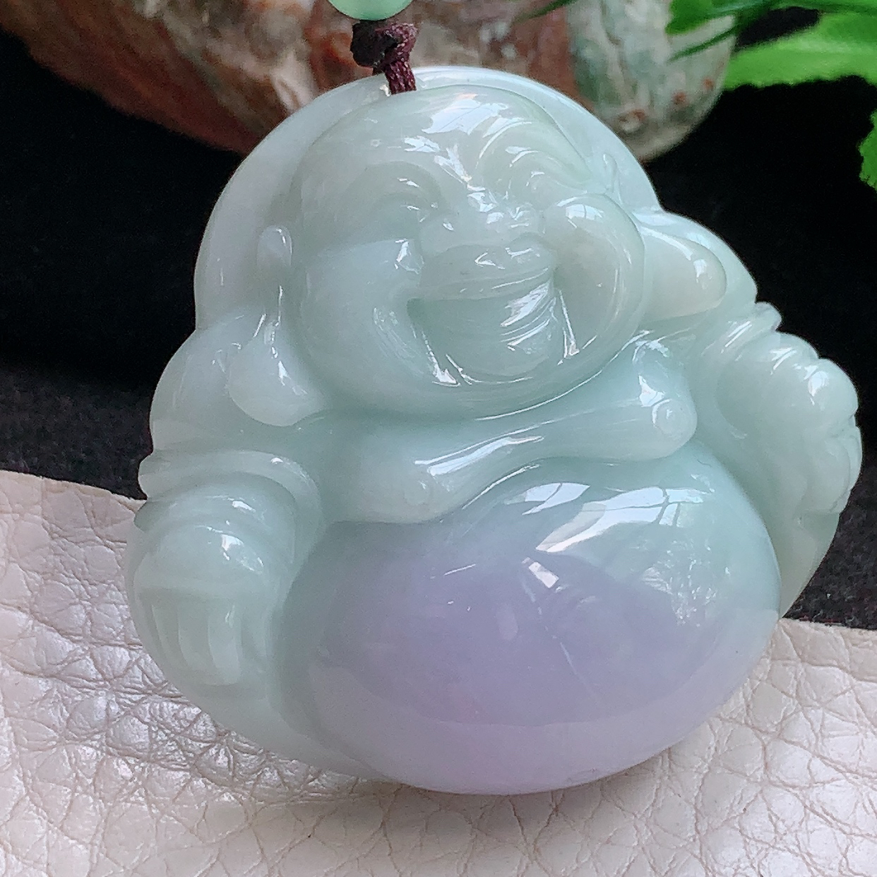 zen实拍42.6*45.5*12.8缅甸翡翠a货精雕飘紫饱满佛公 弥勒佛玉吊坠 玉挂件