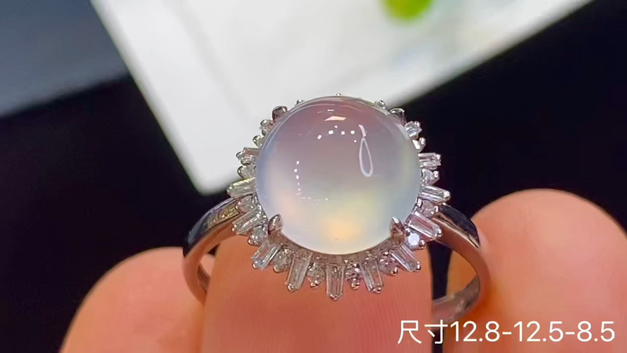 18k金+钻玻璃种蛋面戒指，无裂，12.8-12.5-8.5